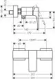 Hansgrohe Einhebel-Brausemischer, schematische Darstellung mit Abmessungen und Anschlussgrößen. Seitenansicht und Draufsicht sind abgebildet.